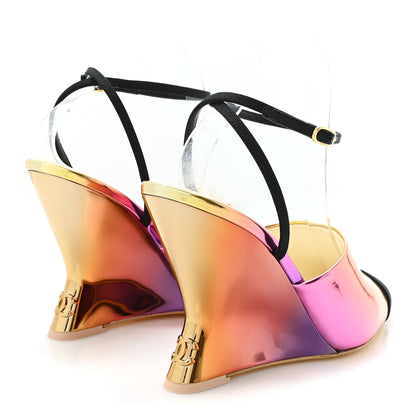 Chanel Laminated Calfskin Grosgrain Cap Toe CC Wedge Pumps 40 Pink Orange Yellow Black 5 of 10