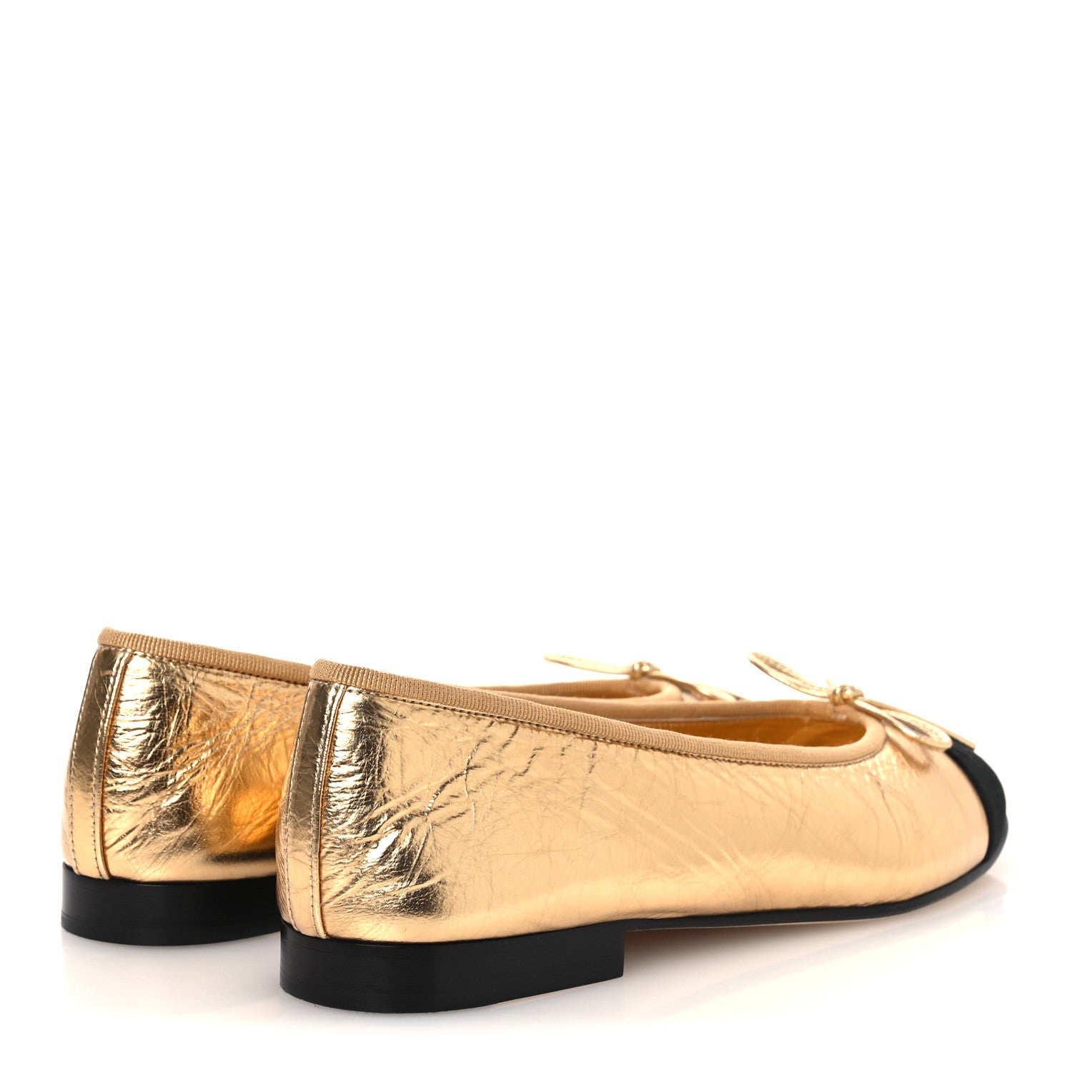 Chanel Metallic Calfskin Grosgrain Cap Toe CC Ballerina Flats 37.5 Gold 5 of 10