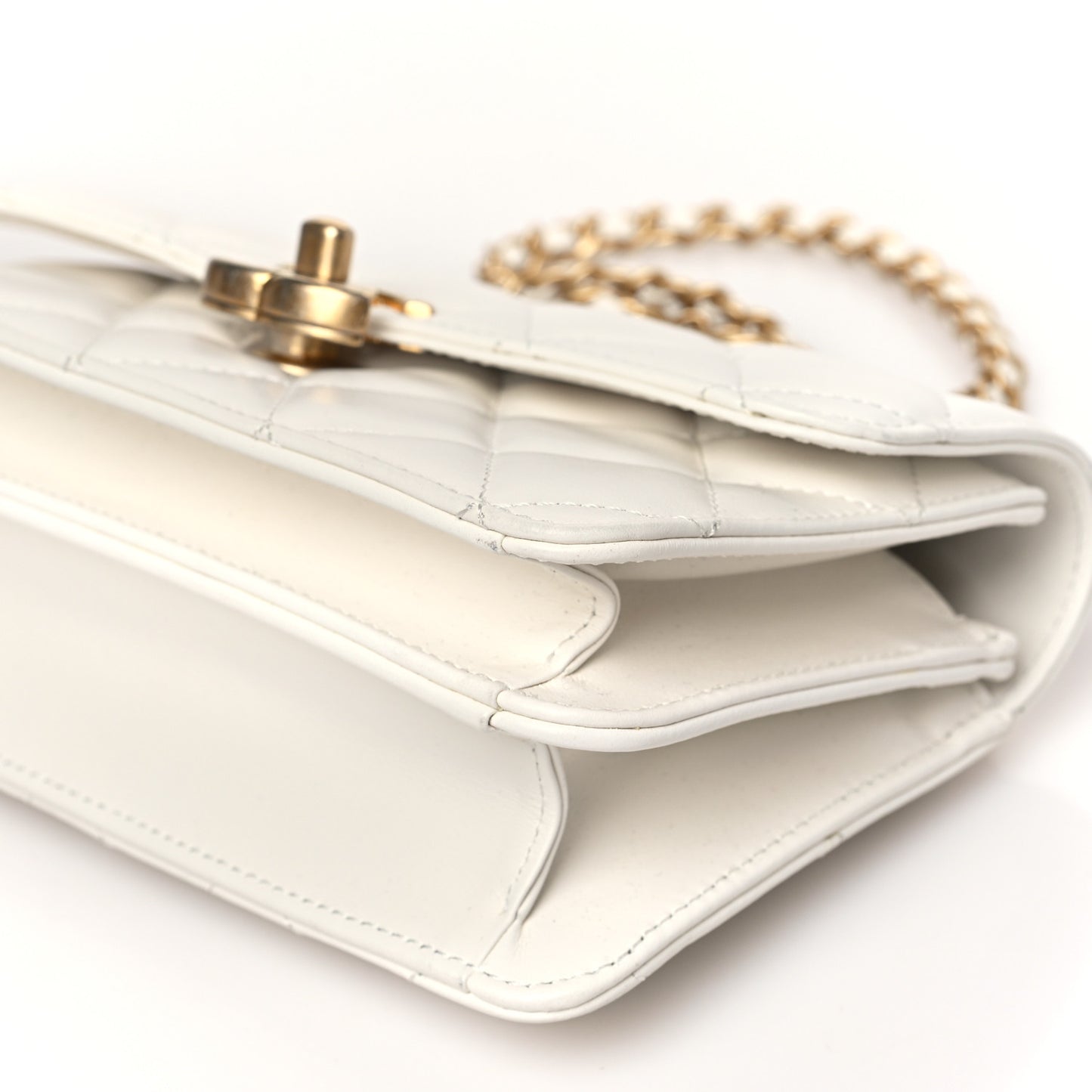 Calfskin Quilted Mini Dual Handle Chain Flap Bag White
