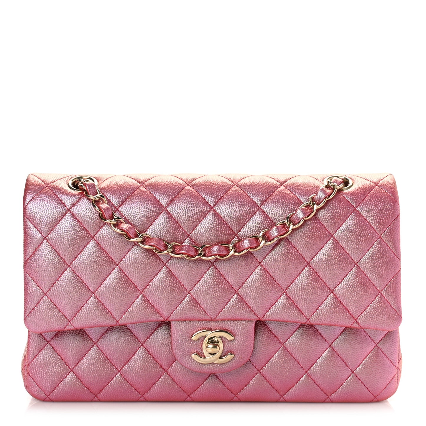Iridescent Caviar Quilted Medium Double Flap Pink