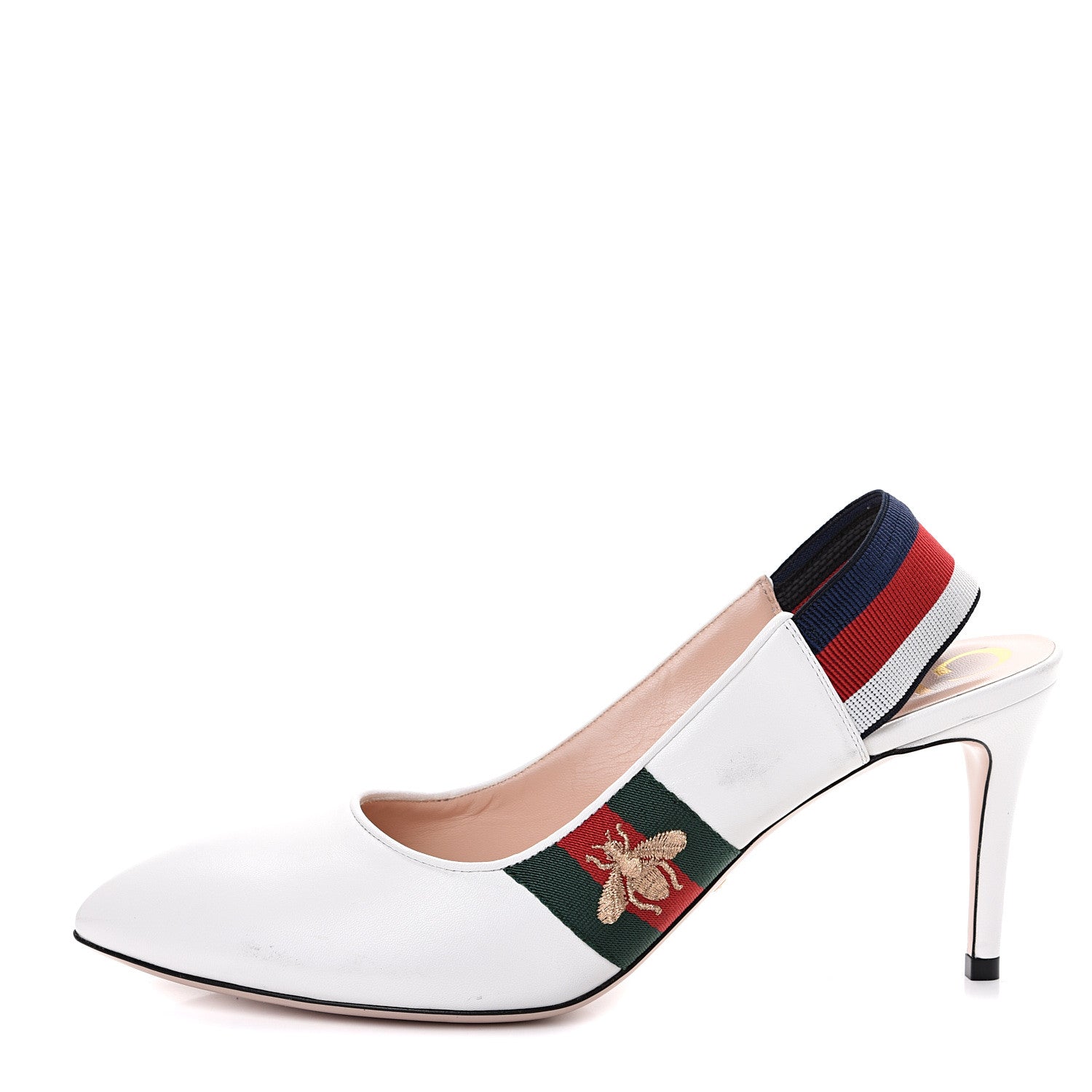 Gucci Malaga Kid Web Sylvie Mid Heel Slingback Pumps 39 White 1 of 11