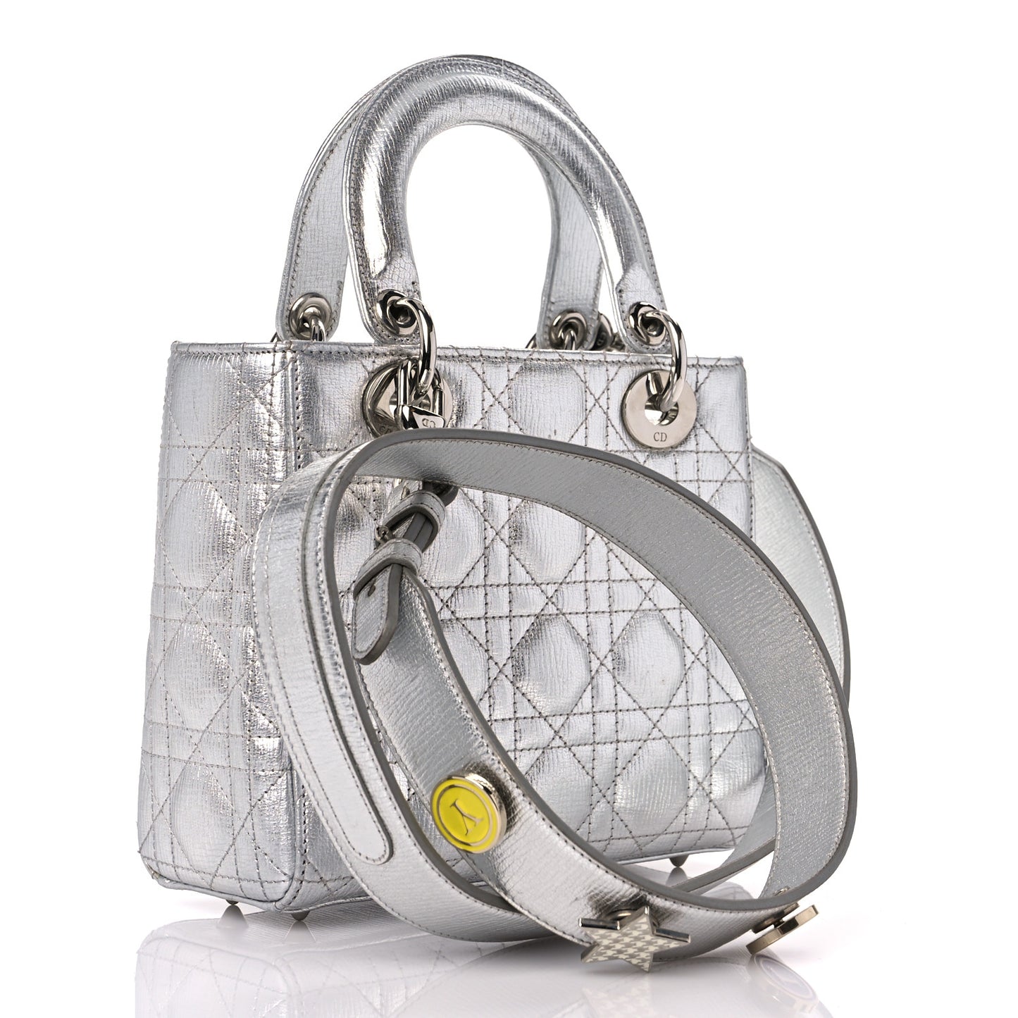 Metallic Grained Calfskin Cannage Small Lucky Badges My Lady Dior Silver