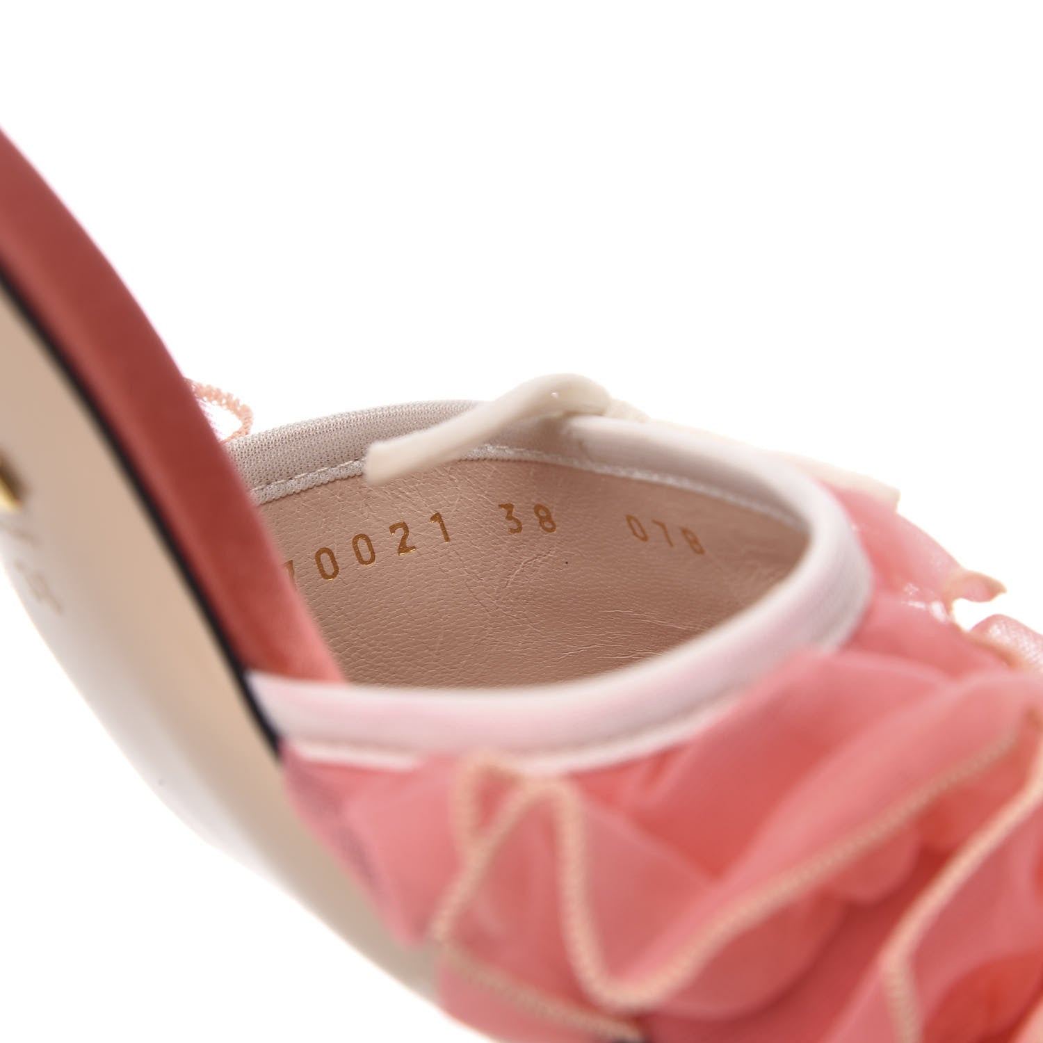 Gucci Tulle Ruffle Low Heel Slide Sandals 38 Peach White 8 of 9
