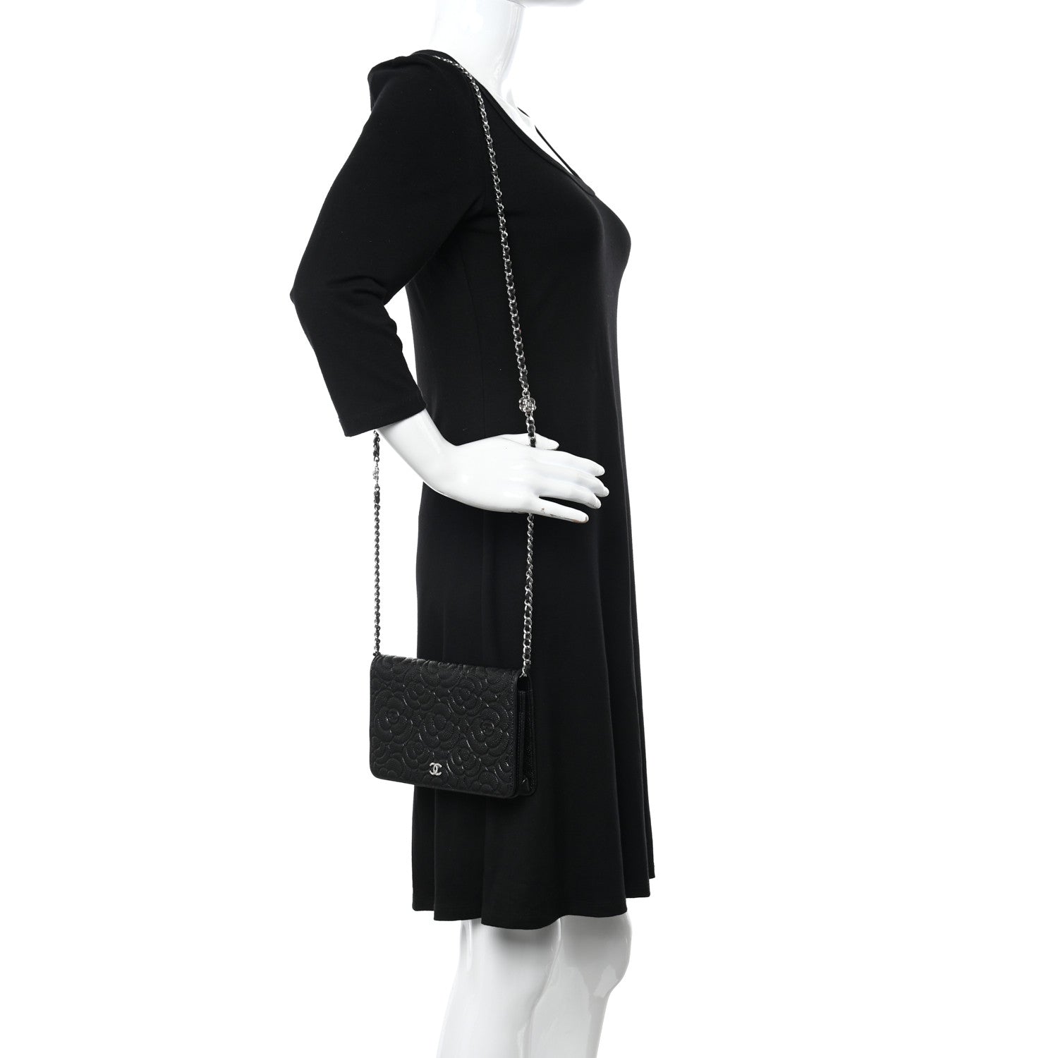 Chanel Caviar Camellia Embossed Wallet On Chain WOC Black 2 of 12