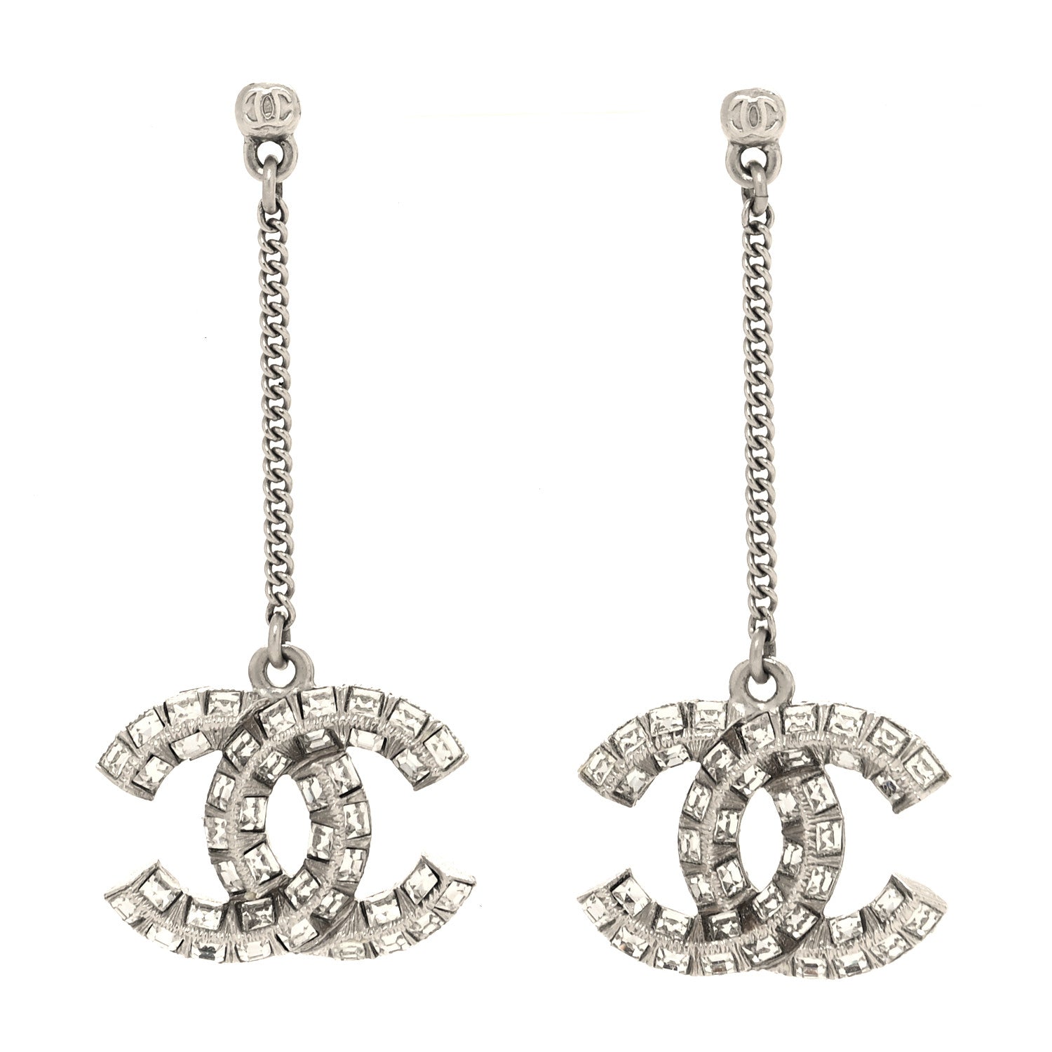 Chanel Baguette Crystal CC Drop Earrings Silver 1 of 3