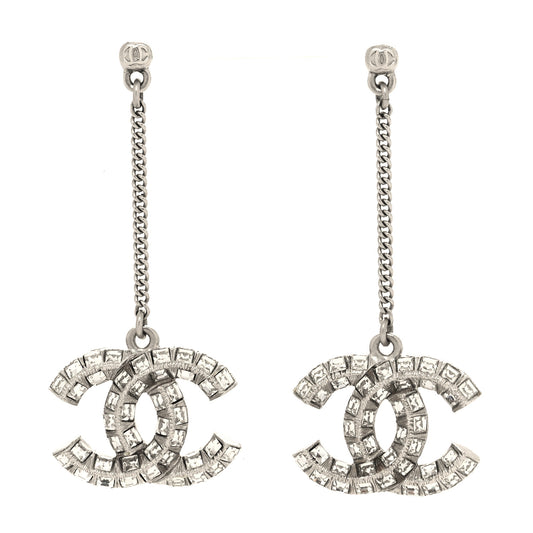 Baguette Crystal CC Drop Earrings Silver