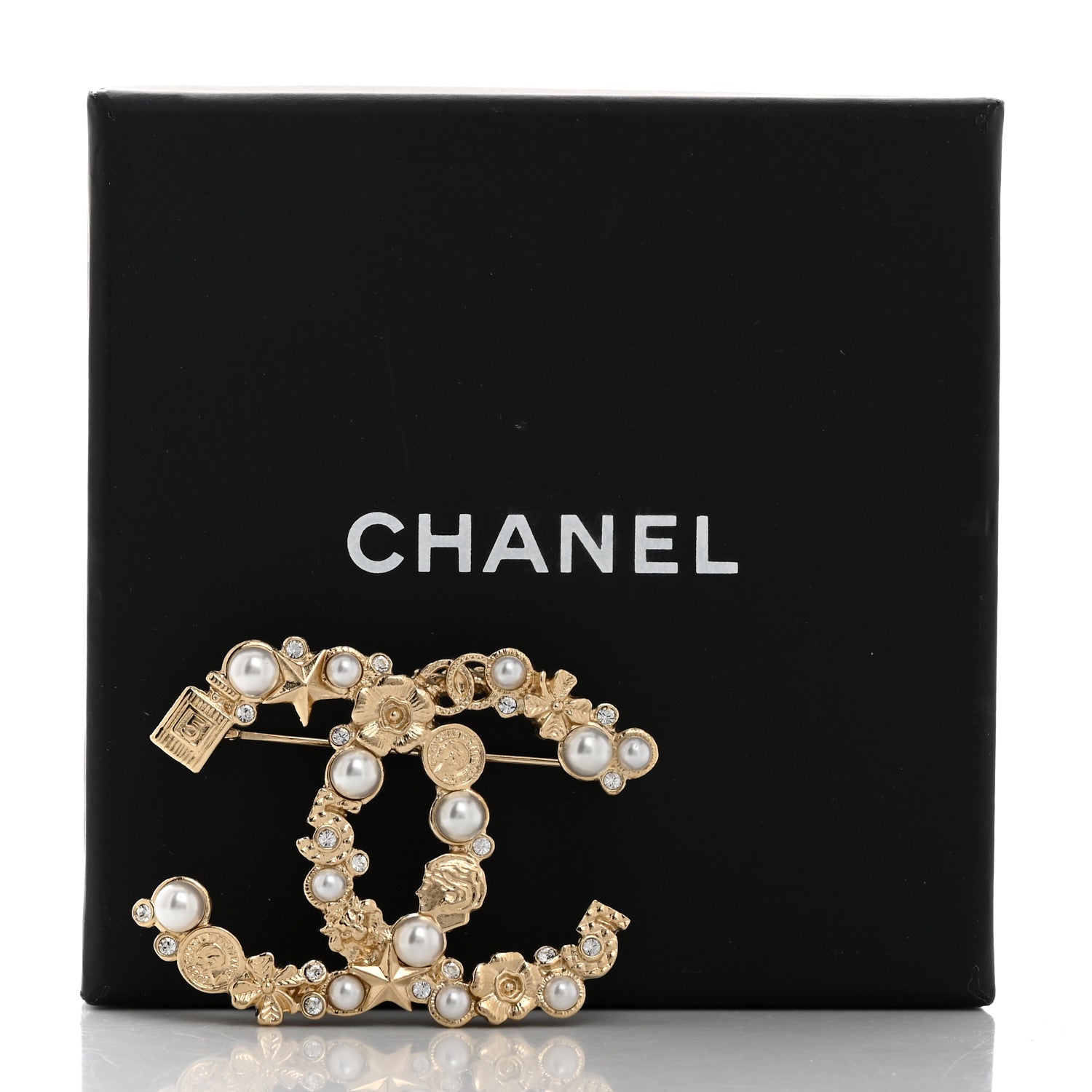 Chanel Crystal Pearl CC Charms Brooch Gold 4 of 4