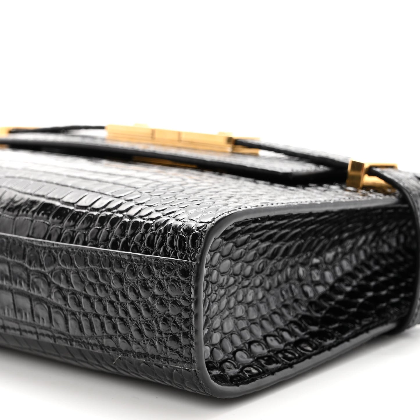 Shiny Calfskin Crocodile Embossed Small Manhattan Baguette Black