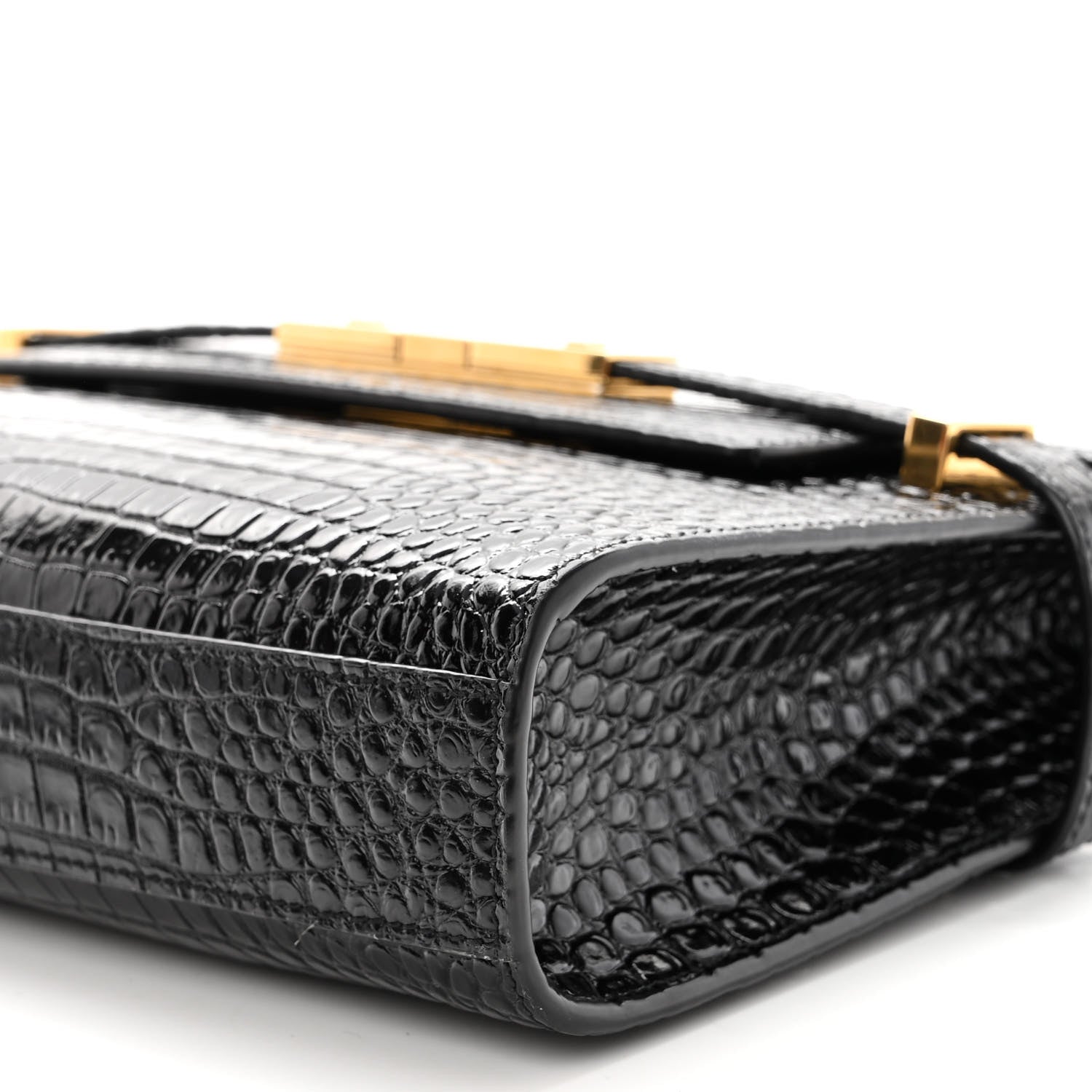 Saint Laurent Shiny Calfskin Crocodile Embossed Small Manhattan Baguette Black 9 of 9
