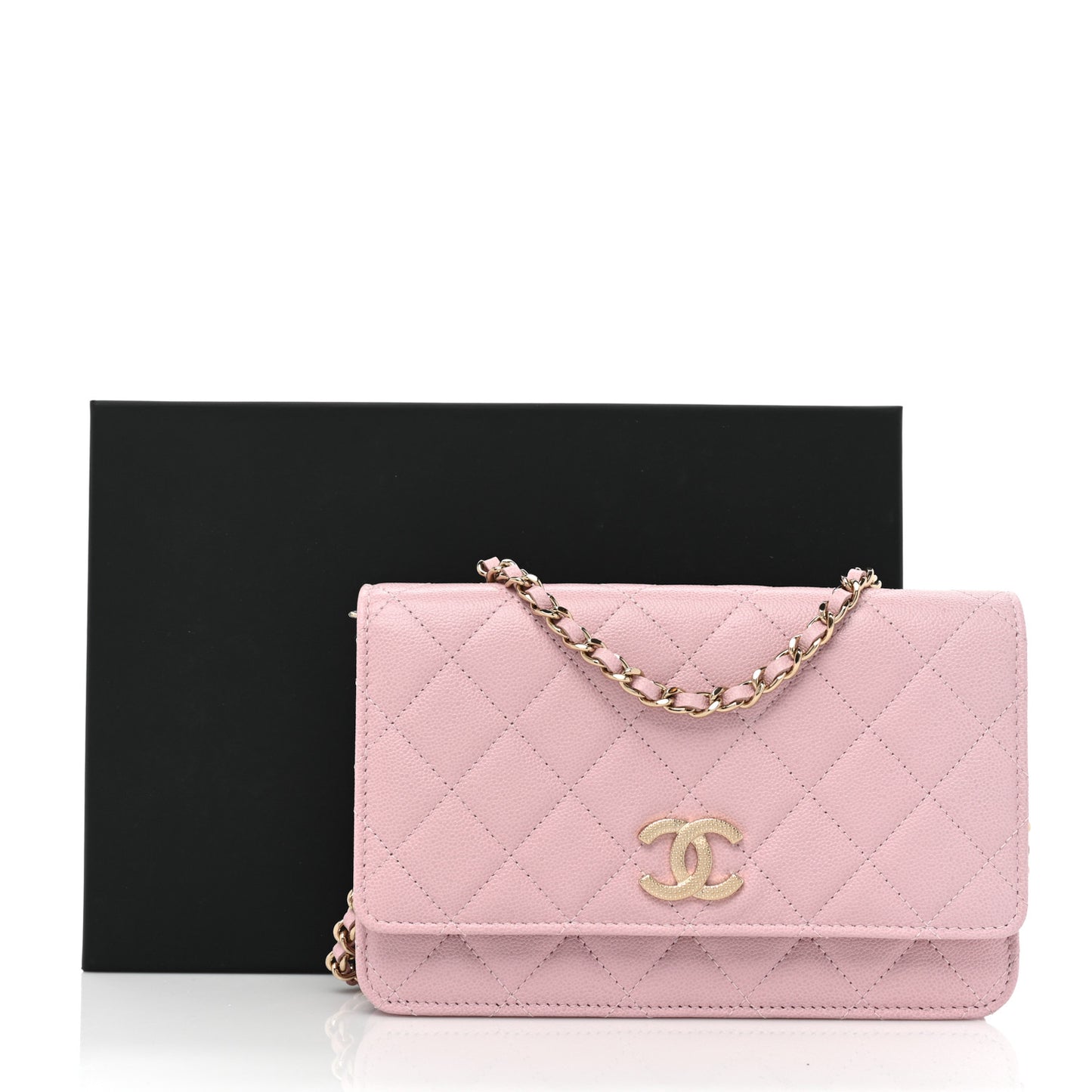 Caviar Quilted Studded CC Wallet on Chain WOC Light Pink