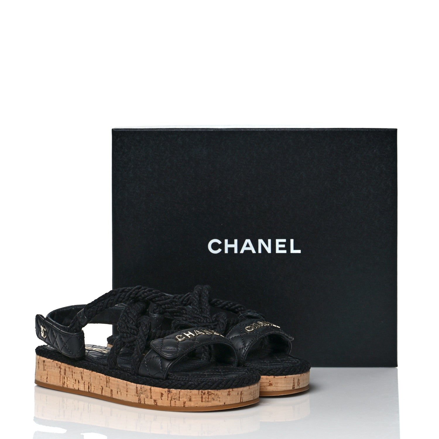 Chanel Cord Lambskin Quilted Logo Sandals 37 Black 8 of 8
