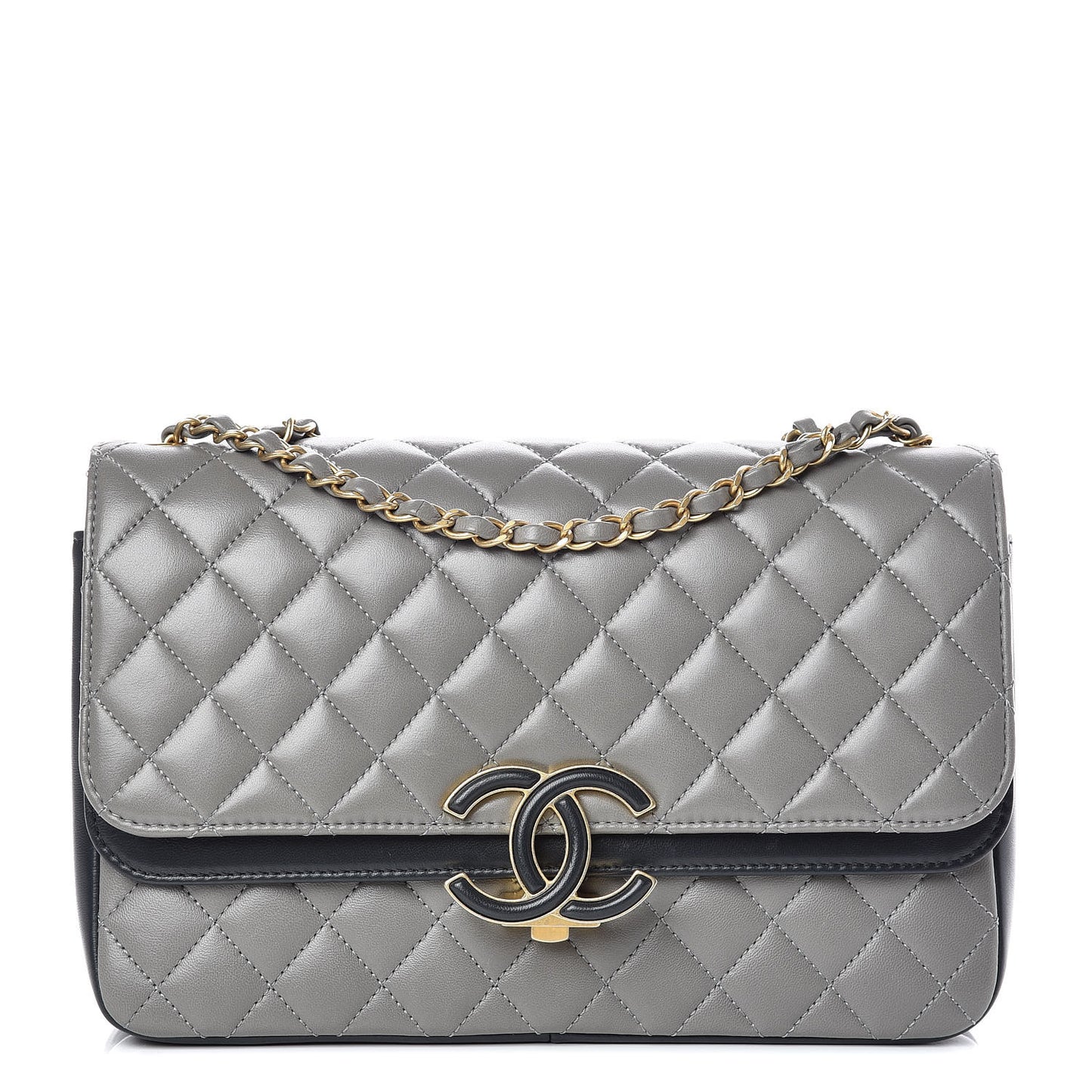 Lambskin Quilted Large CC Chic Flap Grey Dark Navy