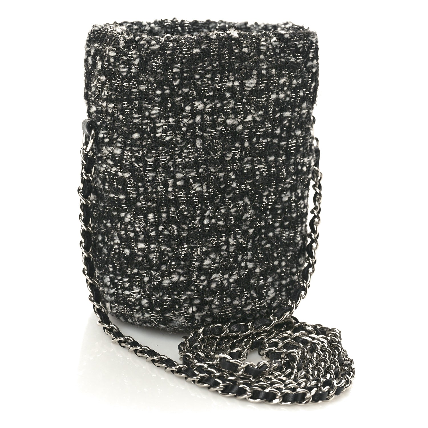 Chanel Tweed Mini Bucket Drawstring Bag Black Silver 3 of 10