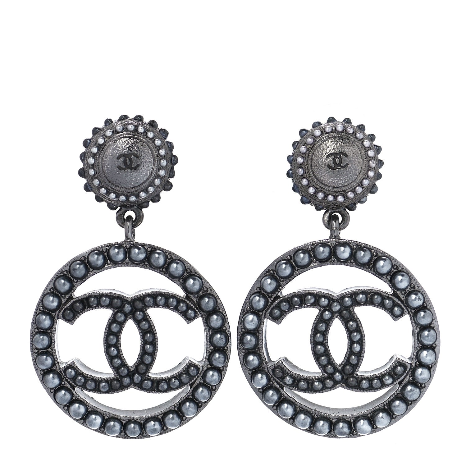 Chanel Ruthenium Beaded CC Drop Earrings Dark Grey 1 of 5