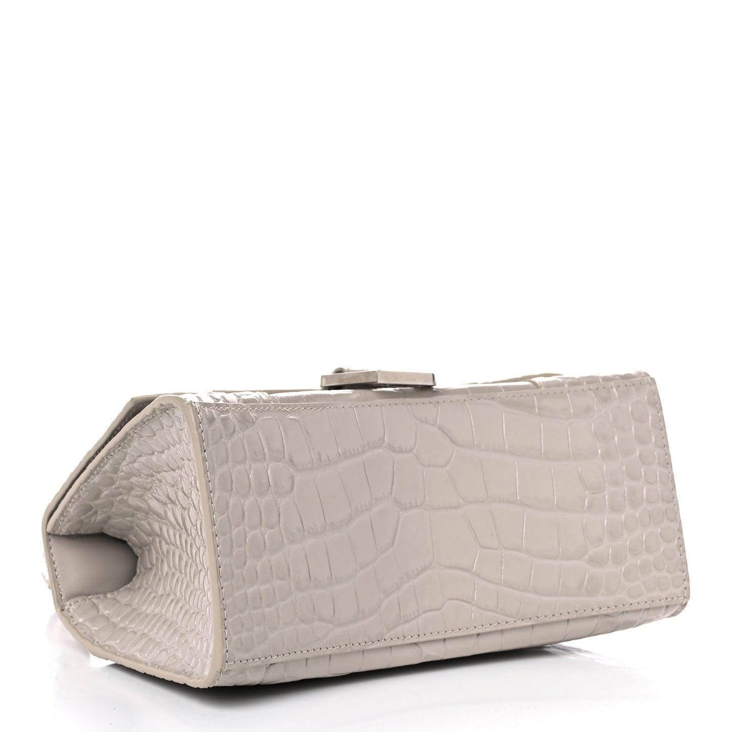 Shiny Calfskin Crocodile Embossed Small Hourglass Top Handle Bag Cold Beige