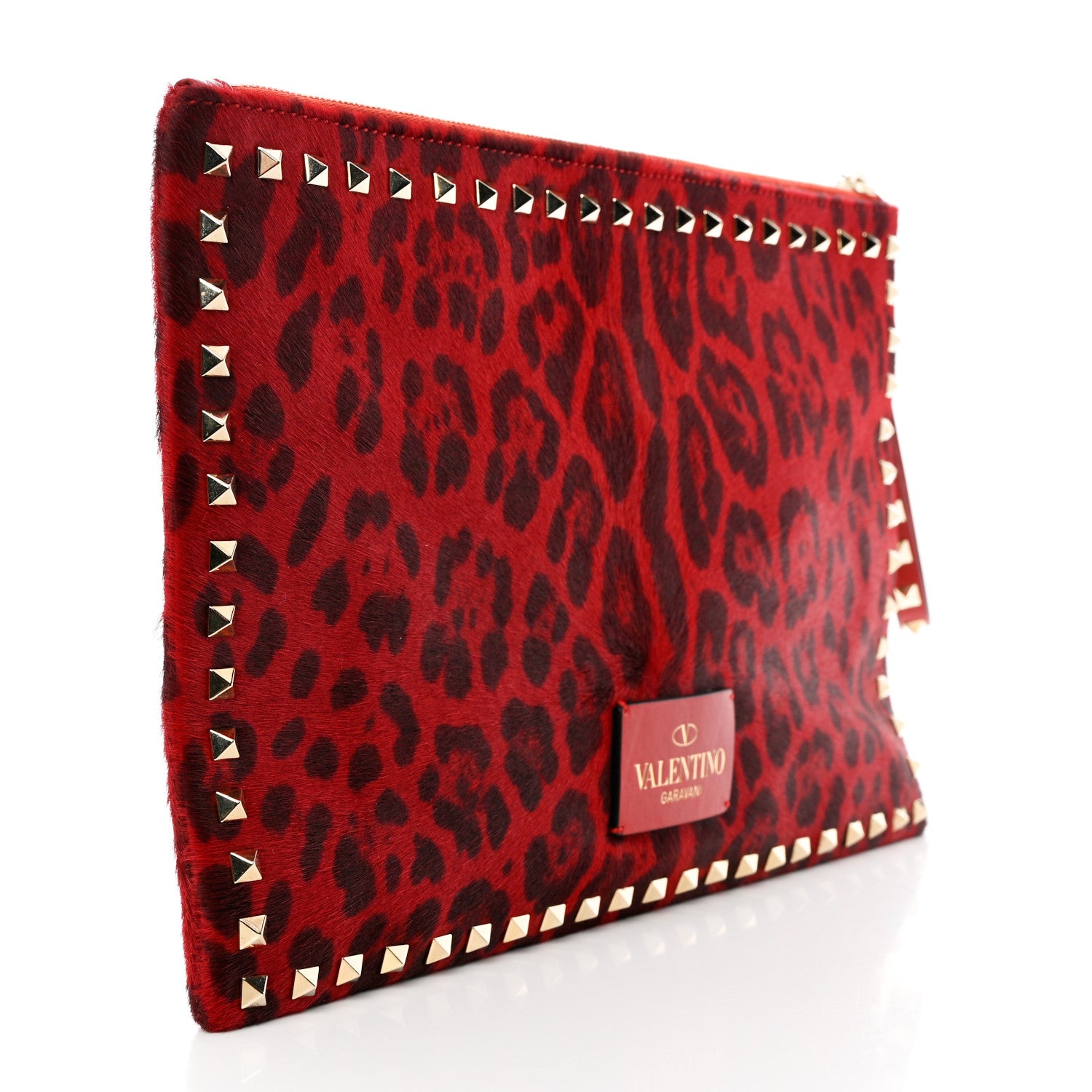 Valentino Garavani Pony Hair Leopard Print Rockstud Zip Clutch Red 3 of 9