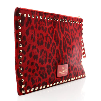 Valentino Garavani Pony Hair Leopard Print Rockstud Zip Clutch Red 3 of 9