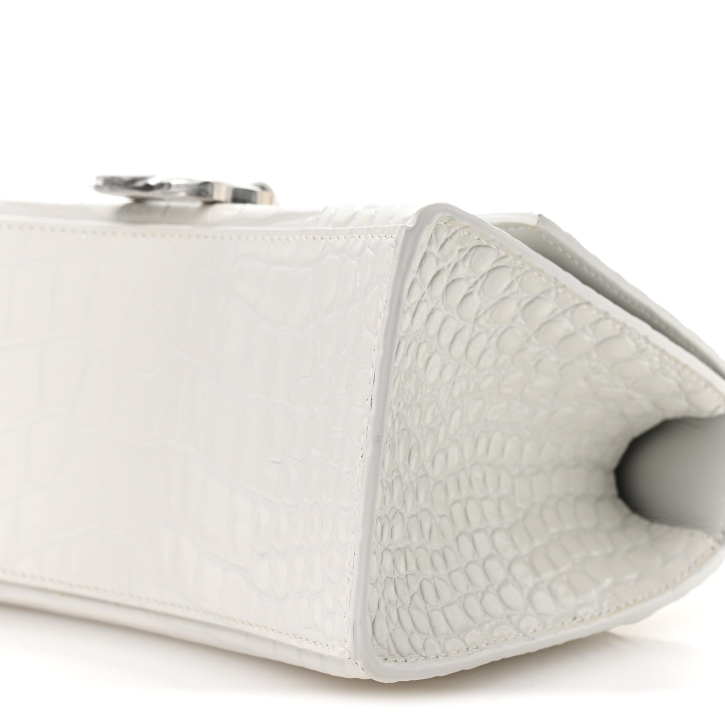 Shiny Calfskin Crocodile Embossed Small Hourglass Top Handle Bag White