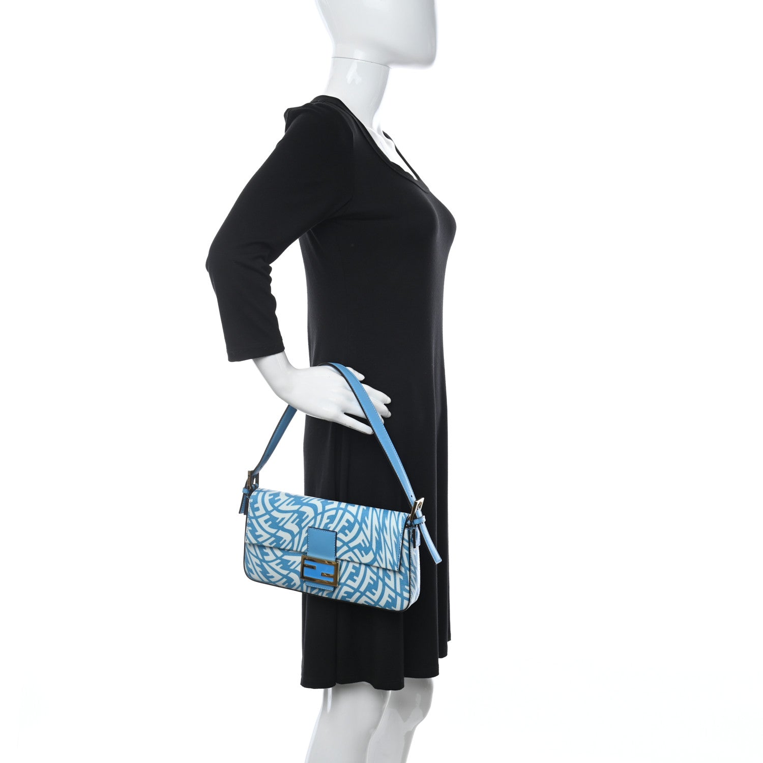 Fendi X SARAH COLEMAN Glazed Canvas Vitello King FF Vertigo Baguette 1997 Cyber Blue White 2 of 8