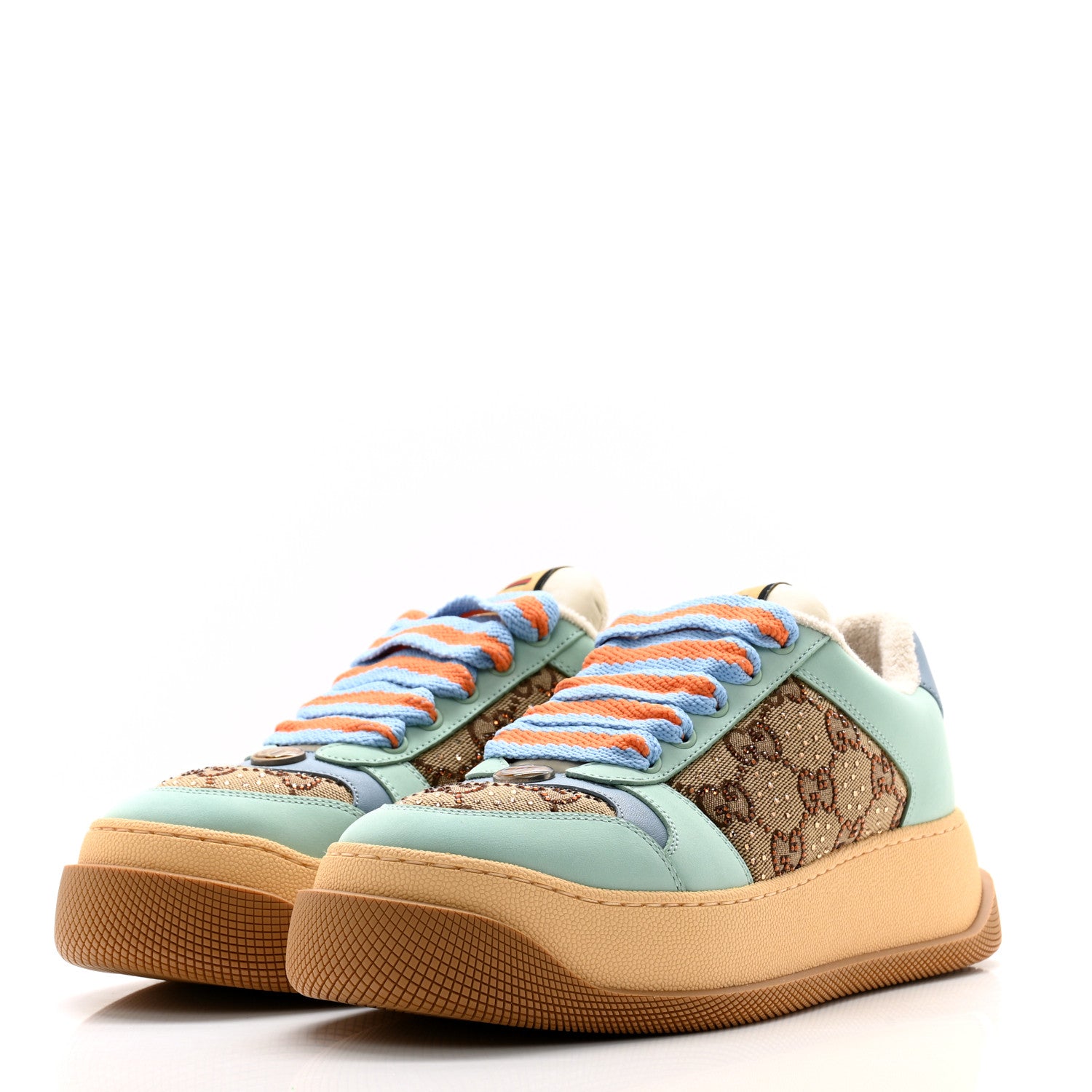 Gucci New Canvas GG Monogram Women's Screener 50mm Sneakers 37.5 Beige Blue Orange 3 of 10