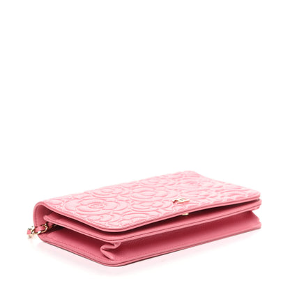 Chanel Lambskin Camellia Embossed Wallet On Chain WOC Pink 4 of 9
