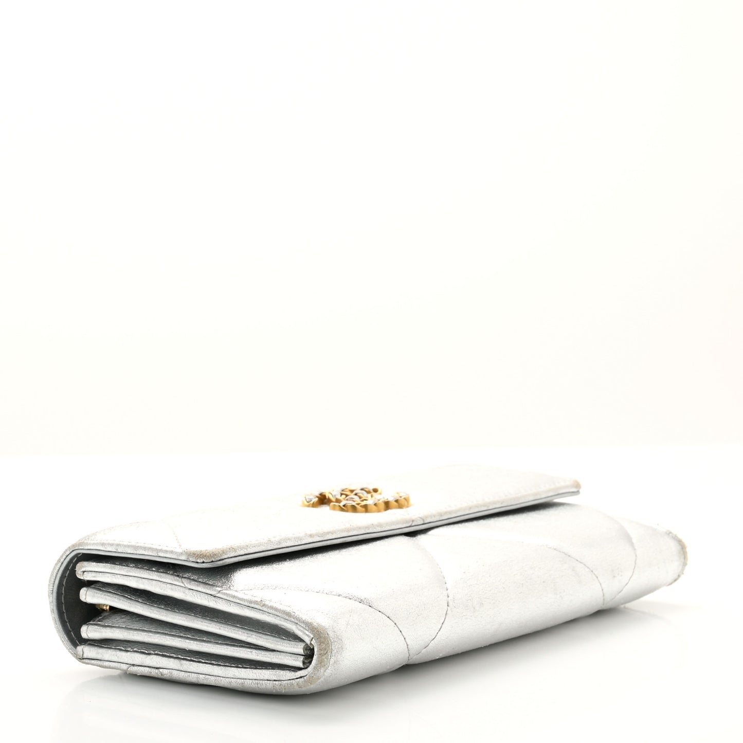 Metallic Lambskin Quilted Chanel 19 Flap Wallet Silver