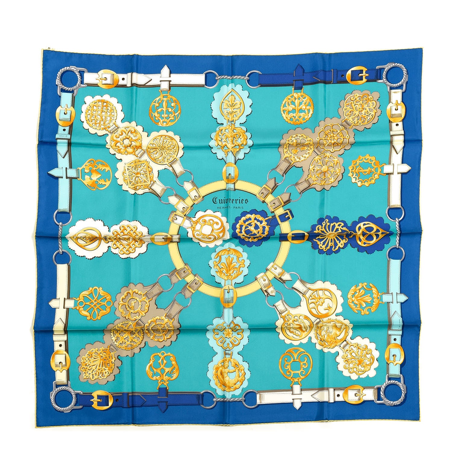 Hermes Silk Cuivreries Scarf 90 Turquoise Fonce Cobalt Jaune 1 of 5
