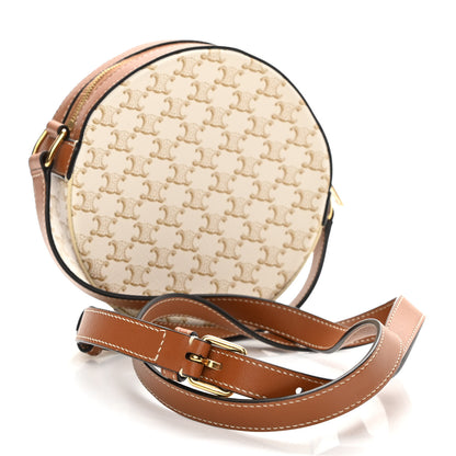 Celine Lambskin Triomphe Canvas Round Purse On Strap White Tan 3 of 8