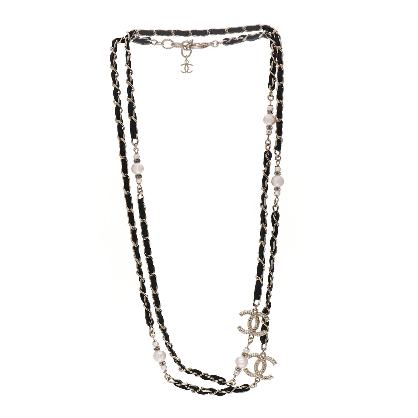 Lambskin Pearl Crystal CC Long Chain Necklace Black Gold