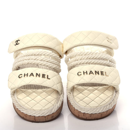 Chanel Cord Lambskin Quilted Logo Mules 38 White 5 of 13