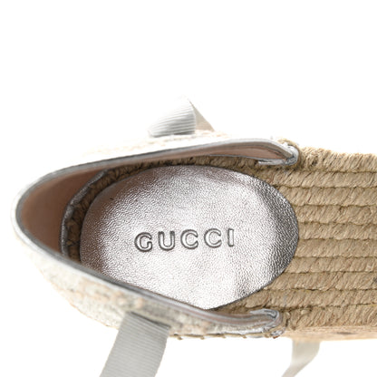 Gucci Lame GG Monogram Ankle Wrap Platform Espadrille Wedges 39 Silver Beige Light Grey 7 of 9