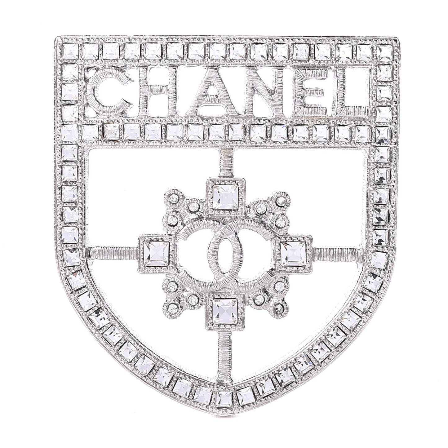 Swarovski Baguette Crystal CC Shield Brooch Silver