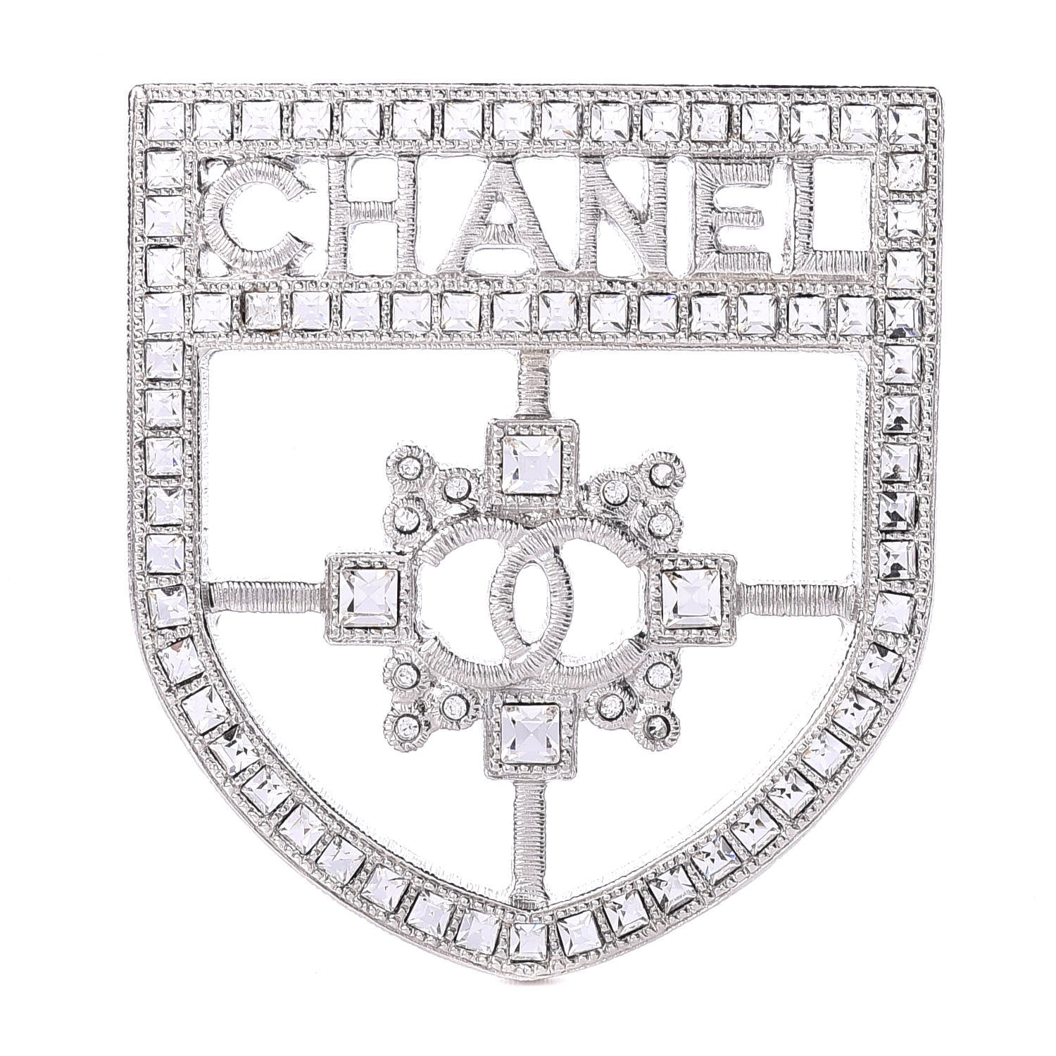 Chanel Swarovski Baguette Crystal CC Shield Brooch Silver 1 of 4