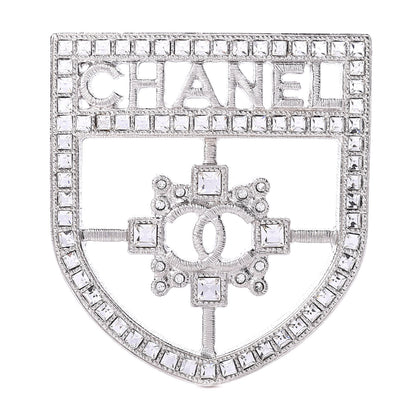 Chanel Swarovski Baguette Crystal CC Shield Brooch Silver 1 of 4