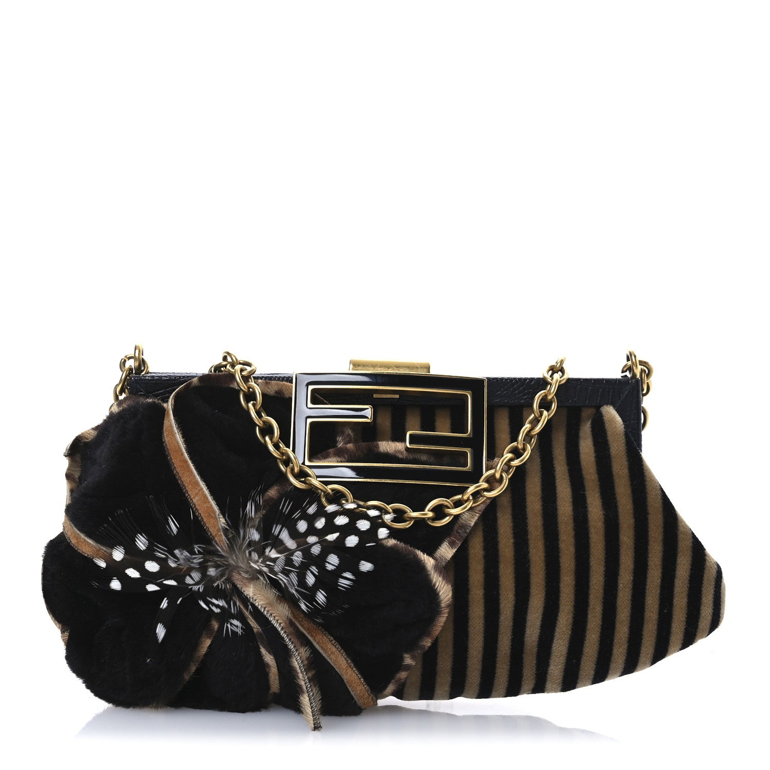 Fendi Velvet Mink Pequin Mini Frame Evening Bag Tan Black 1 of 10
