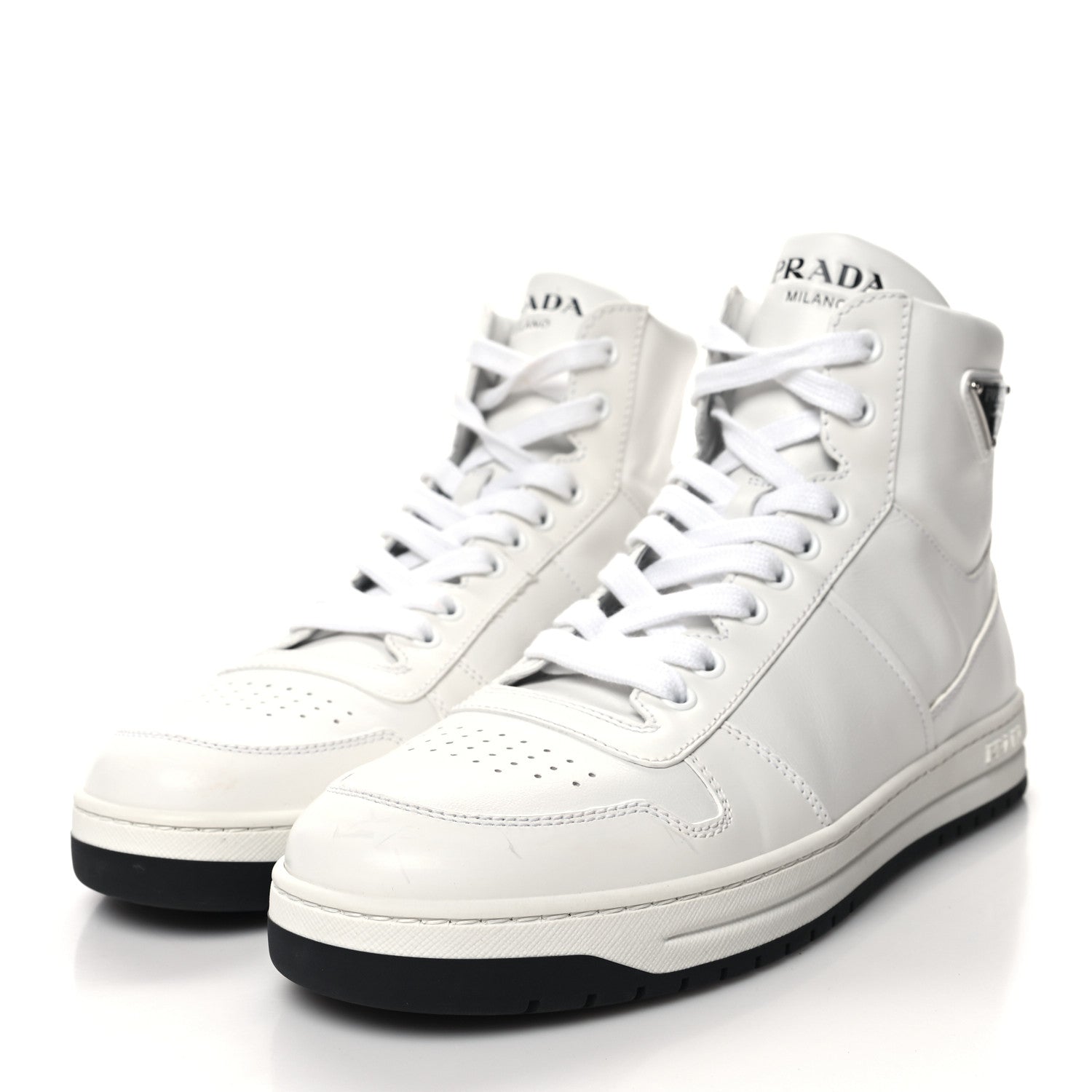 Prada Vitello Rois Triangle Womens Downtown High Top 30mm Sneakers 41 White Black 3 of 8