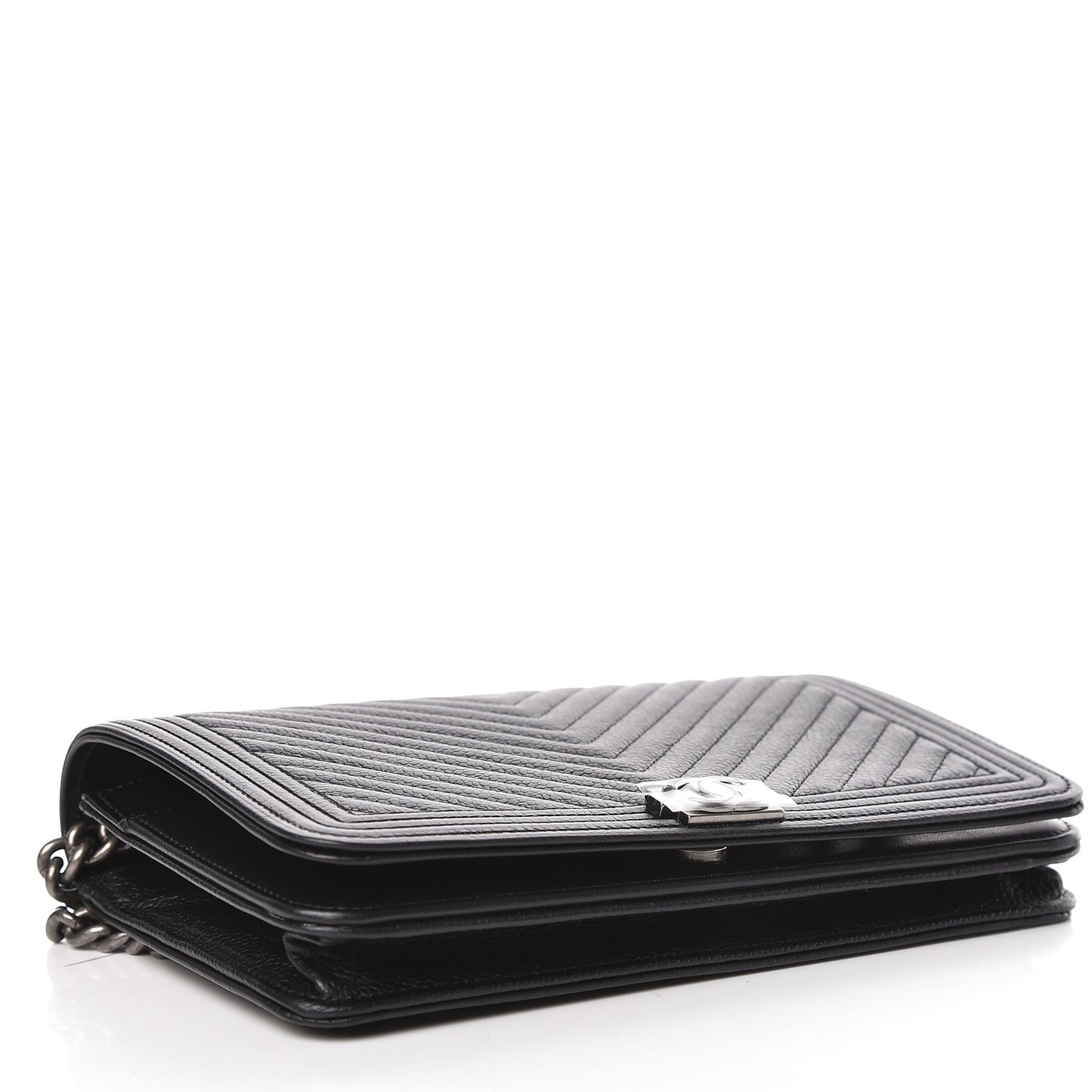 Grained Calfskin Chevron Quilted Boy Wallet On Chain WOC Black