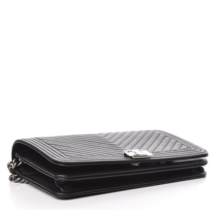 Chanel Grained Calfskin Chevron Quilted Boy Wallet On Chain WOC Black 4 of 14