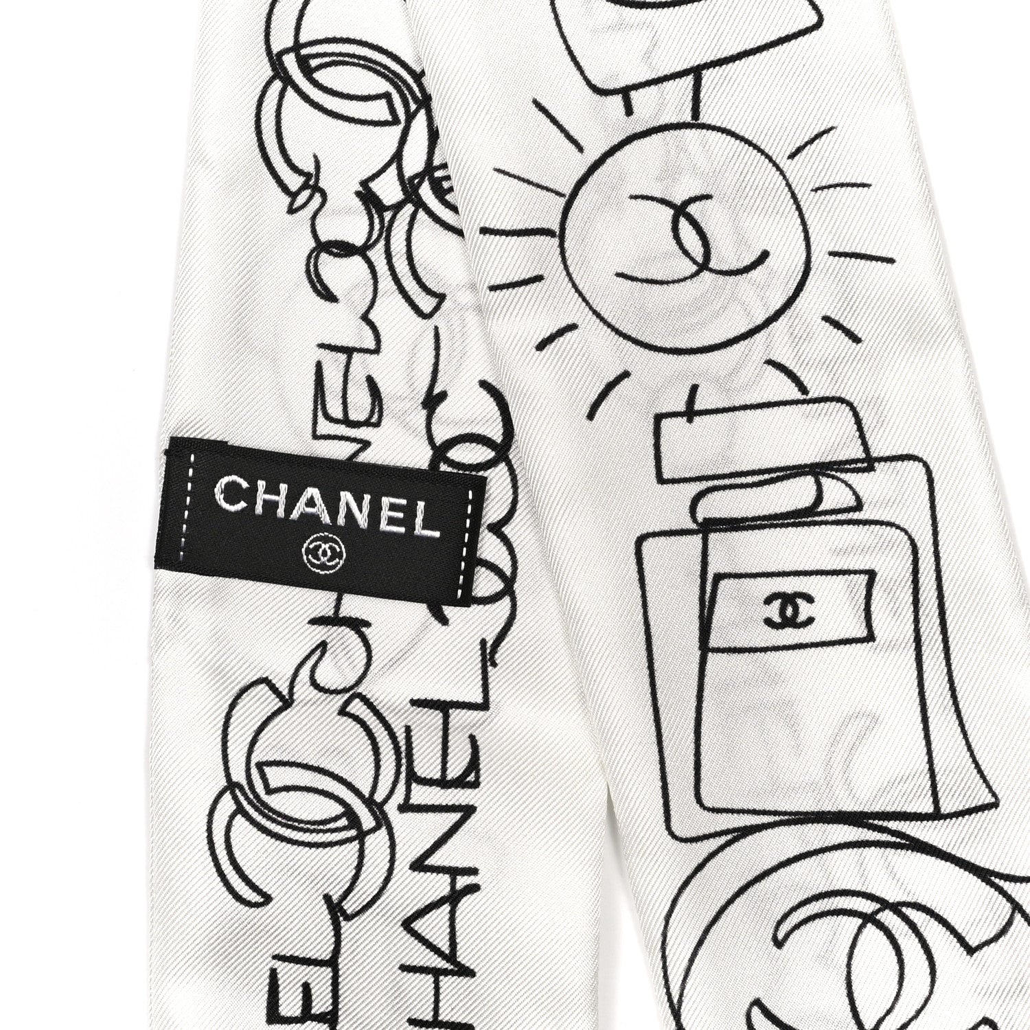 Chanel Silk Slim Bandeau Scarf White Black 2 of 3