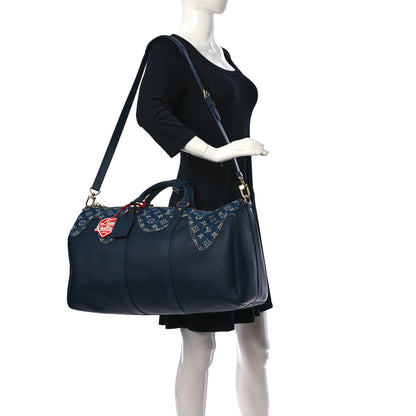 Louis Vuitton X NIGO Taurillon Monogram Denim Drip Keepall Bandouliere 50 Blue 3 of 11