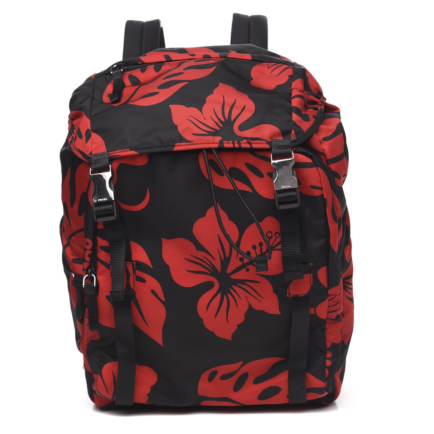 Prada Tessuto Hibiscus Print Double Buckle Backpack Black Rosso 1 of 7