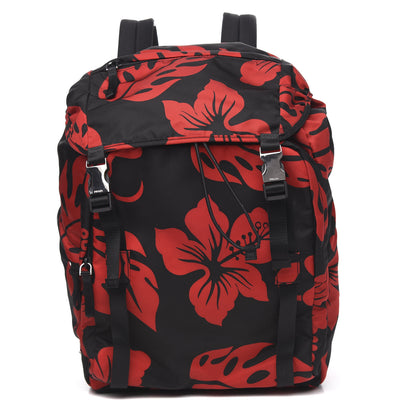 Prada Tessuto Hibiscus Print Double Buckle Backpack Black Rosso 1 of 7