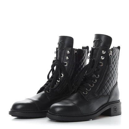 Chanel Calfskin Quilted Lace Up Combat Boots 38 Black 3 of 8
