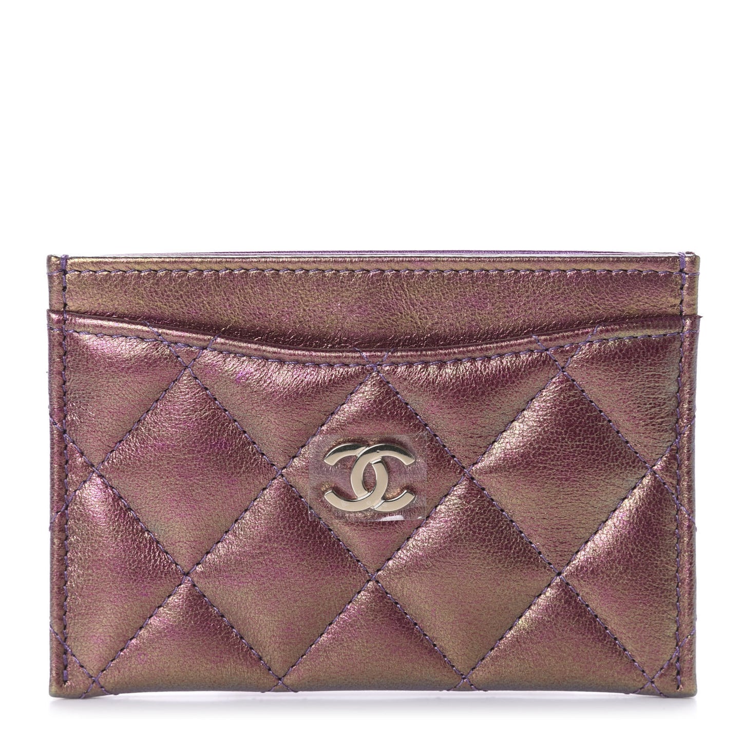 Iridescent Lambskin Quilted Card Holder Purple