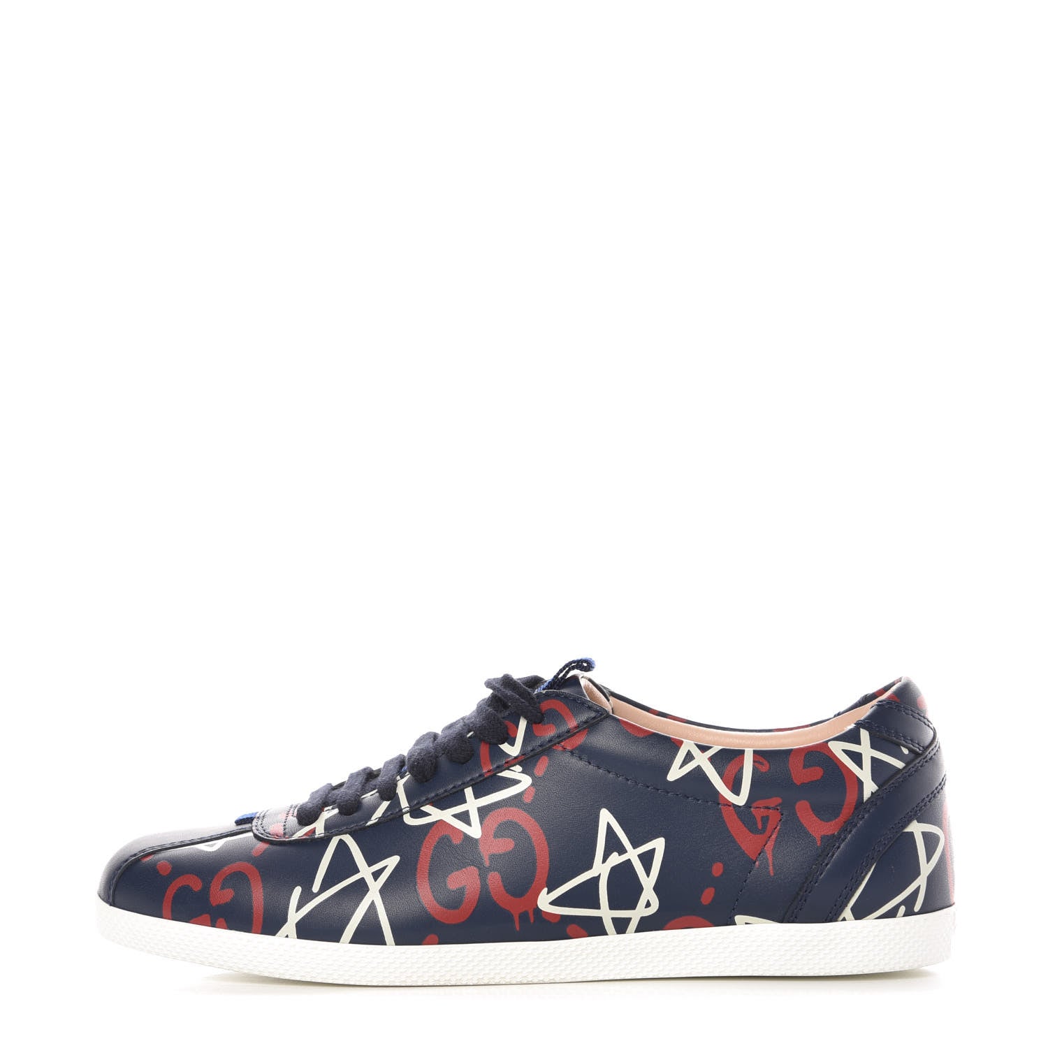 Gucci Calfskin GucciGhost Print Womens Low Top Sneakers 37.5 Blue Agata Hibiscus Red 1 of 8