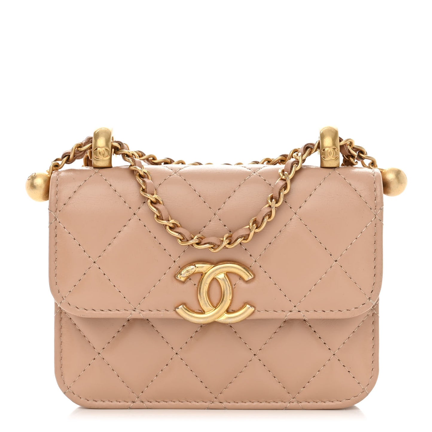 Calfskin Quilted Perfect Fit Coin Purse With Chain Beige
