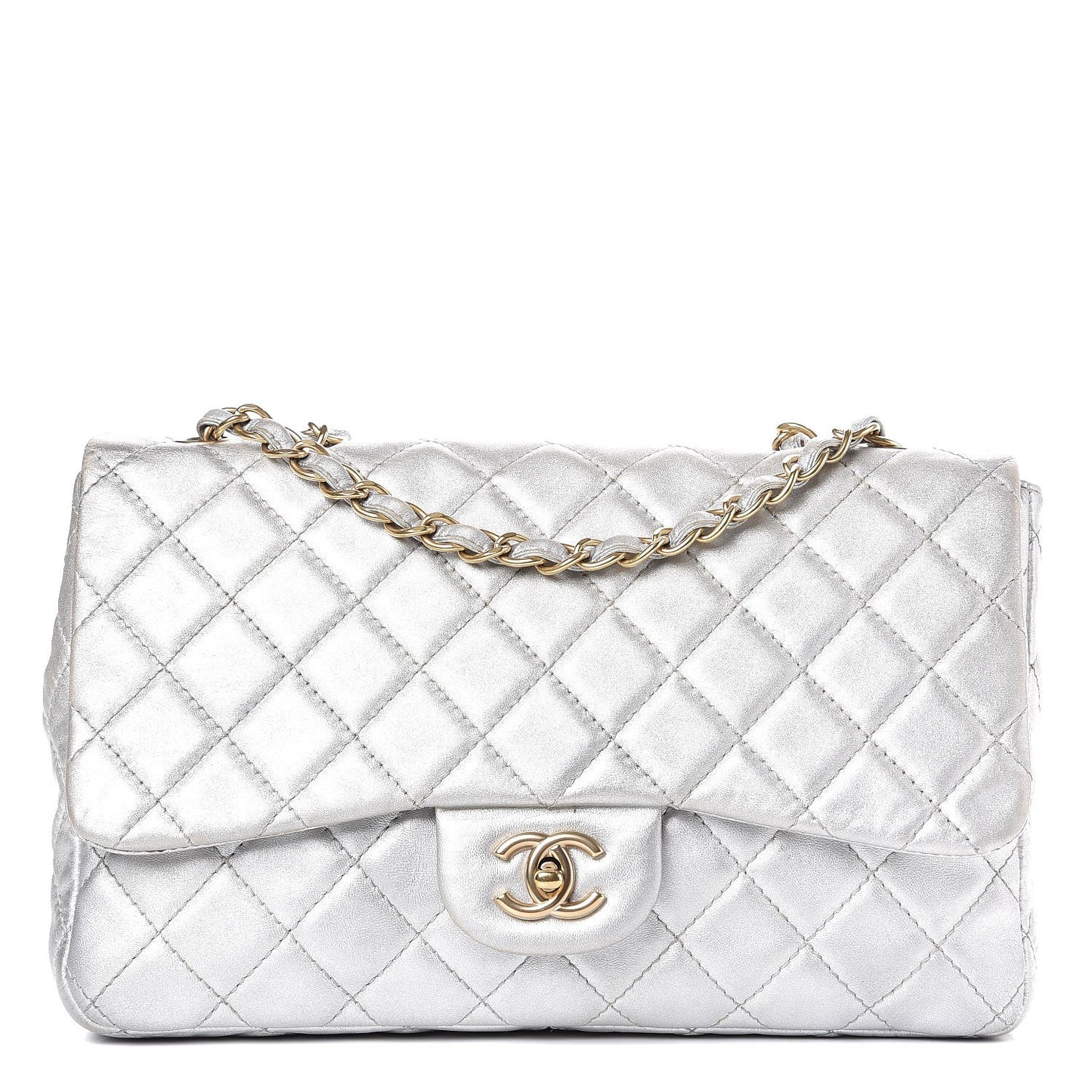 Metallic Lambskin Quilted Jumbo Single Flap Silver