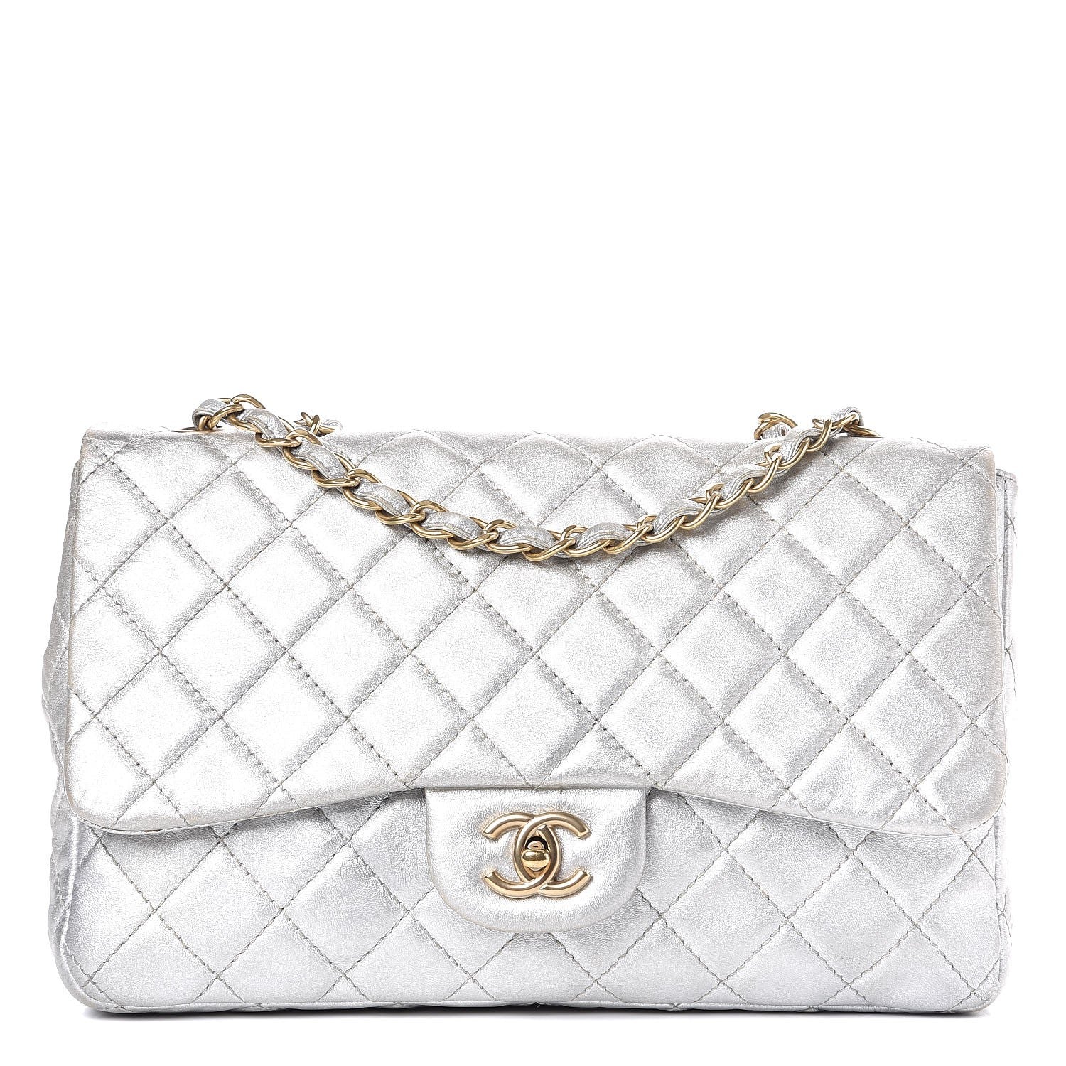 Chanel Metallic Lambskin Quilted Jumbo Single Flap Silver 1 of 15
