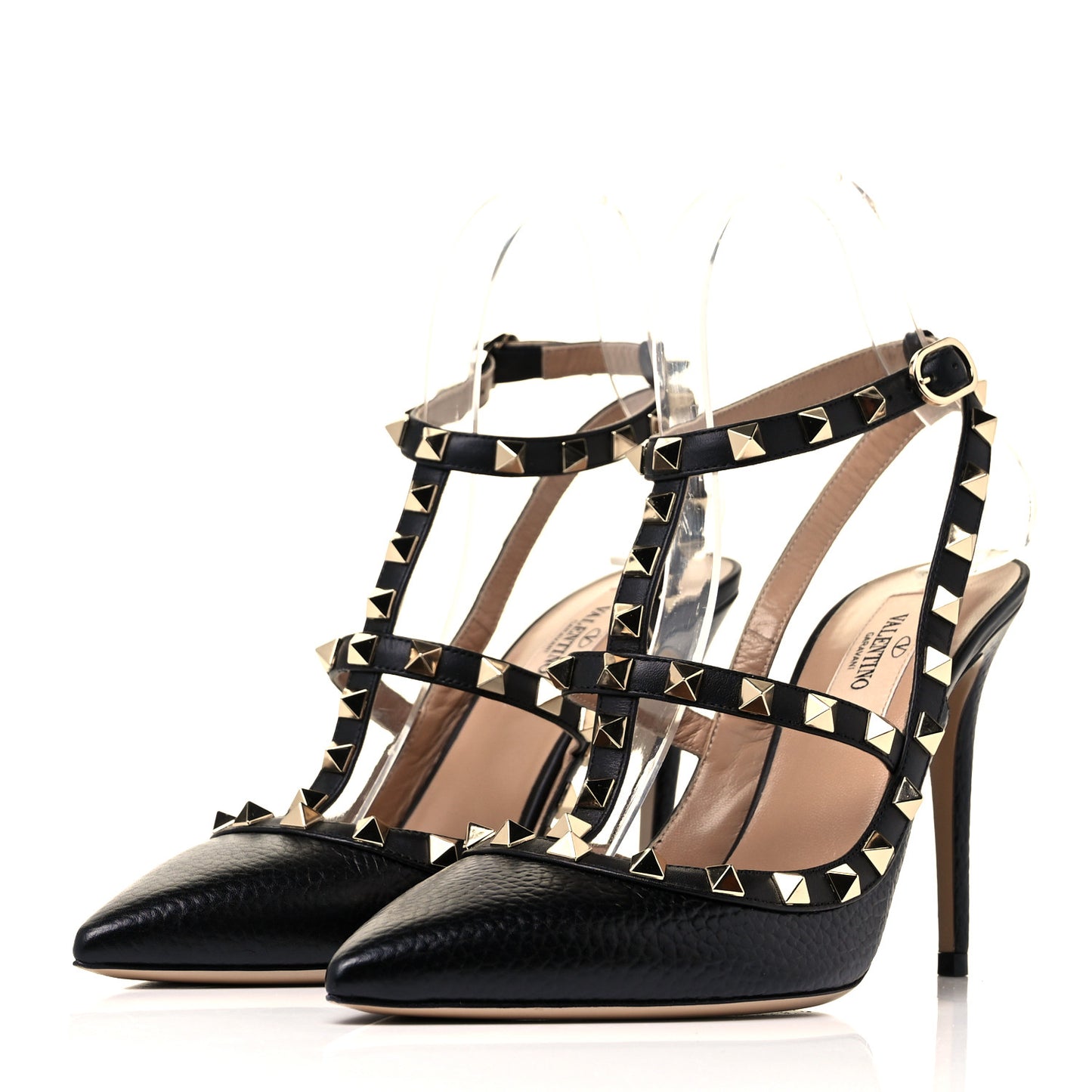 Pebbled Calfskin Rockstud Ankle Strap Pumps 37.5 Black
