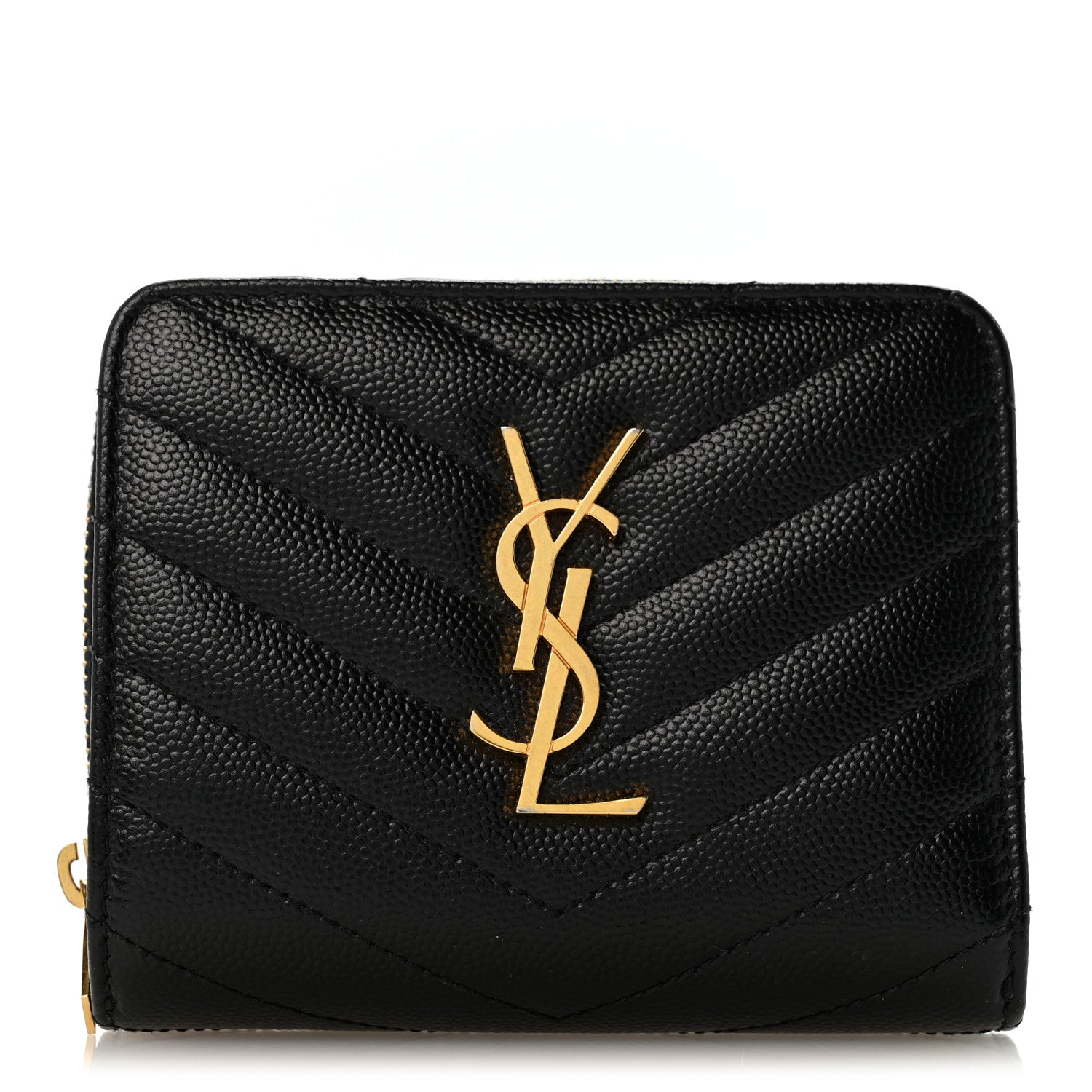 Saint Laurent Grain De Poudre Matelasse Chevron Monogram Compact Zip Around Wallet Black 1 of 10